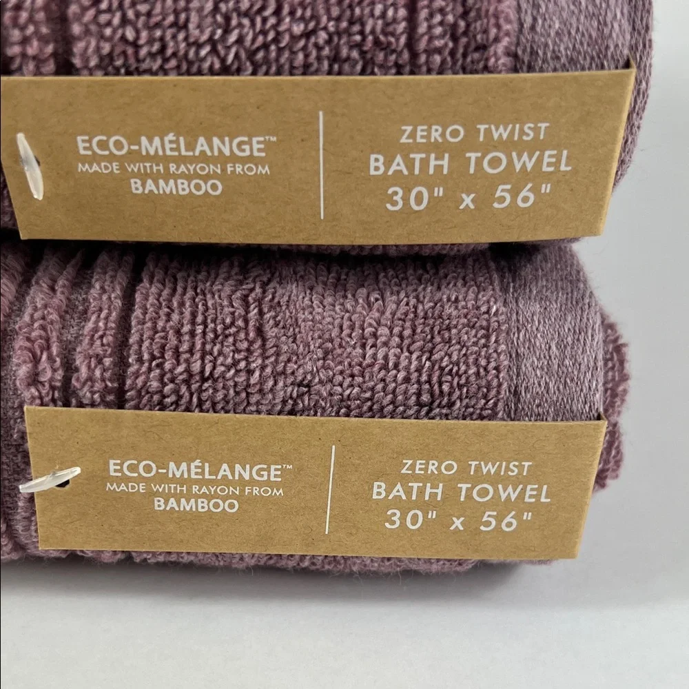 2pc Common Thread Bamboo Bath Towels Purple Mauve Zero Twist Soft Cotton NEW